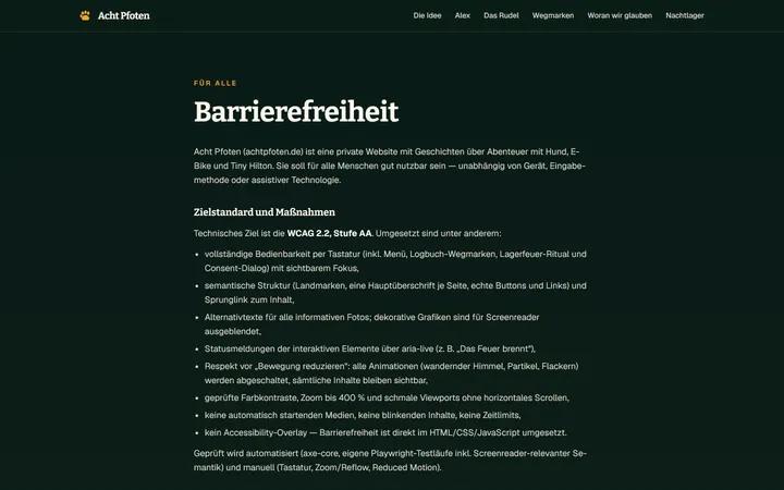 Seite Barrierefreiheit von achtpfoten.de mit der freiwilligen Selbstauskunft zum Zielstandard und den umgesetzten Maßnahmen.