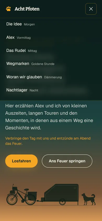 Geöffnetes Aufklappmenü auf dem Telefon: sechs Abschnitte, jeder mit der zugehörigen Tageszeit als Zusatz.